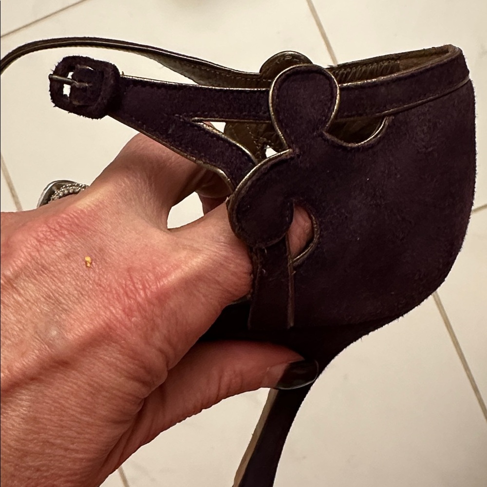 Manolo Blahnik Dark Purple suede gold edges strap detail Euc Heels $585 39 9 - Picture 7 of 16